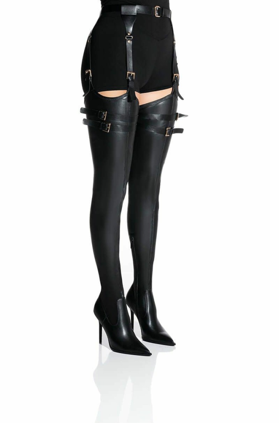 Shoes * | Azalea Wang Sexy Belted Stretch Pu Stiletto Boot With 4 Way Stretch In Black