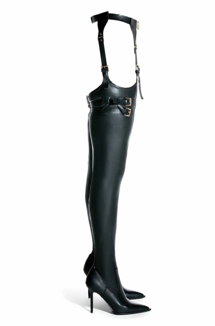 Shoes * | Azalea Wang Sexy Belted Stretch Pu Stiletto Boot With 4 Way Stretch In Black