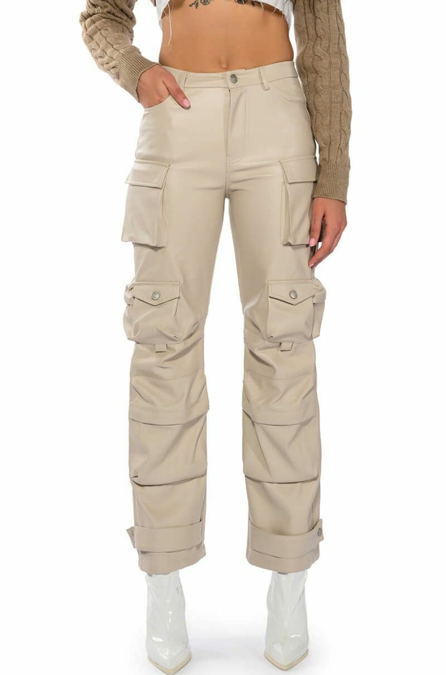 Bottoms * | Bonne Soiree Cargo Faux Leather Pants Ivory