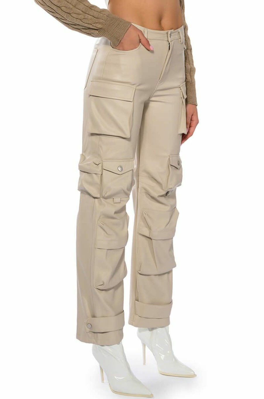 Bottoms * | Bonne Soiree Cargo Faux Leather Pants Ivory