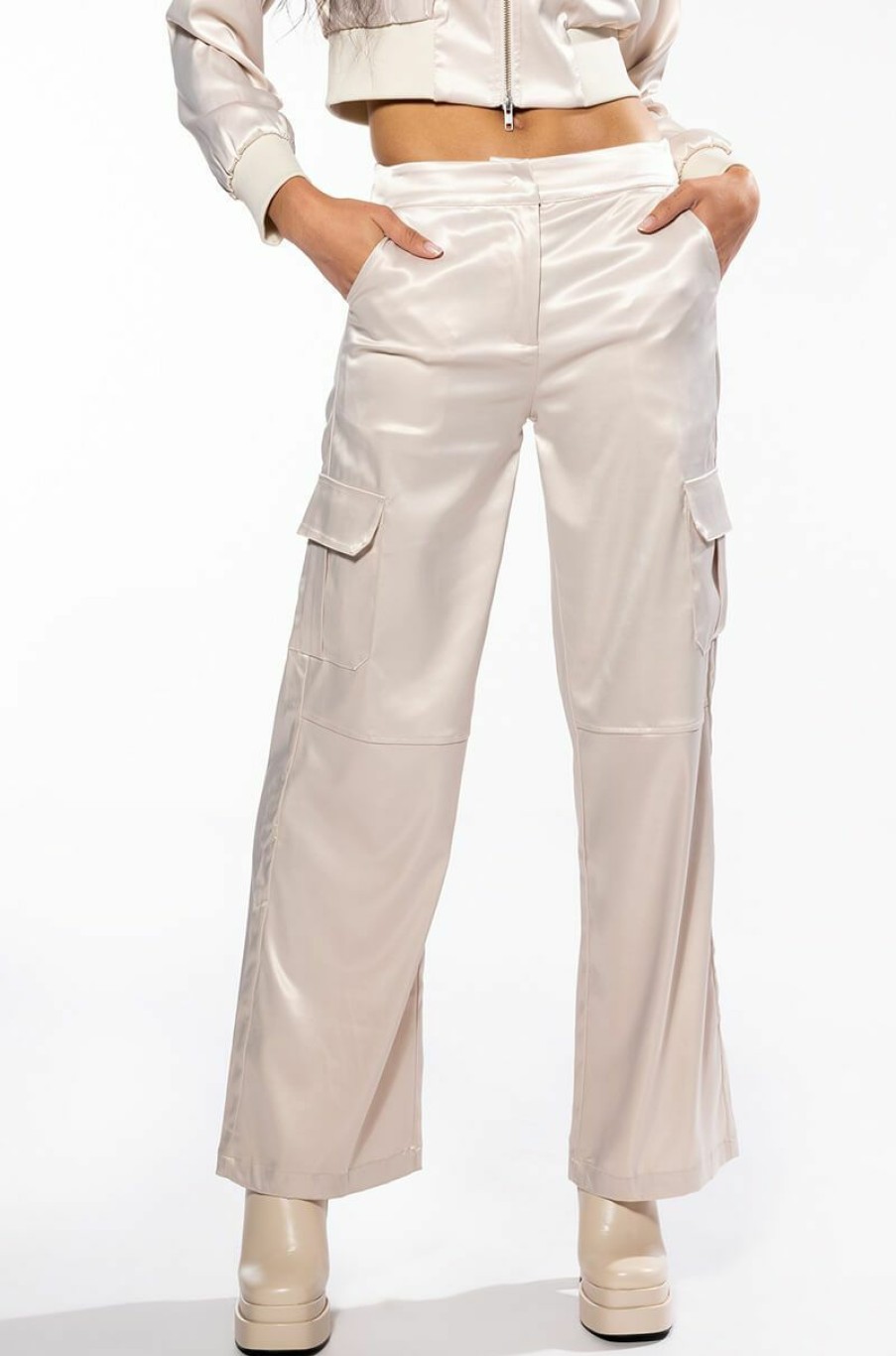 Bottoms * | Nothing But Trouble Satin Cargo Pant Ivory