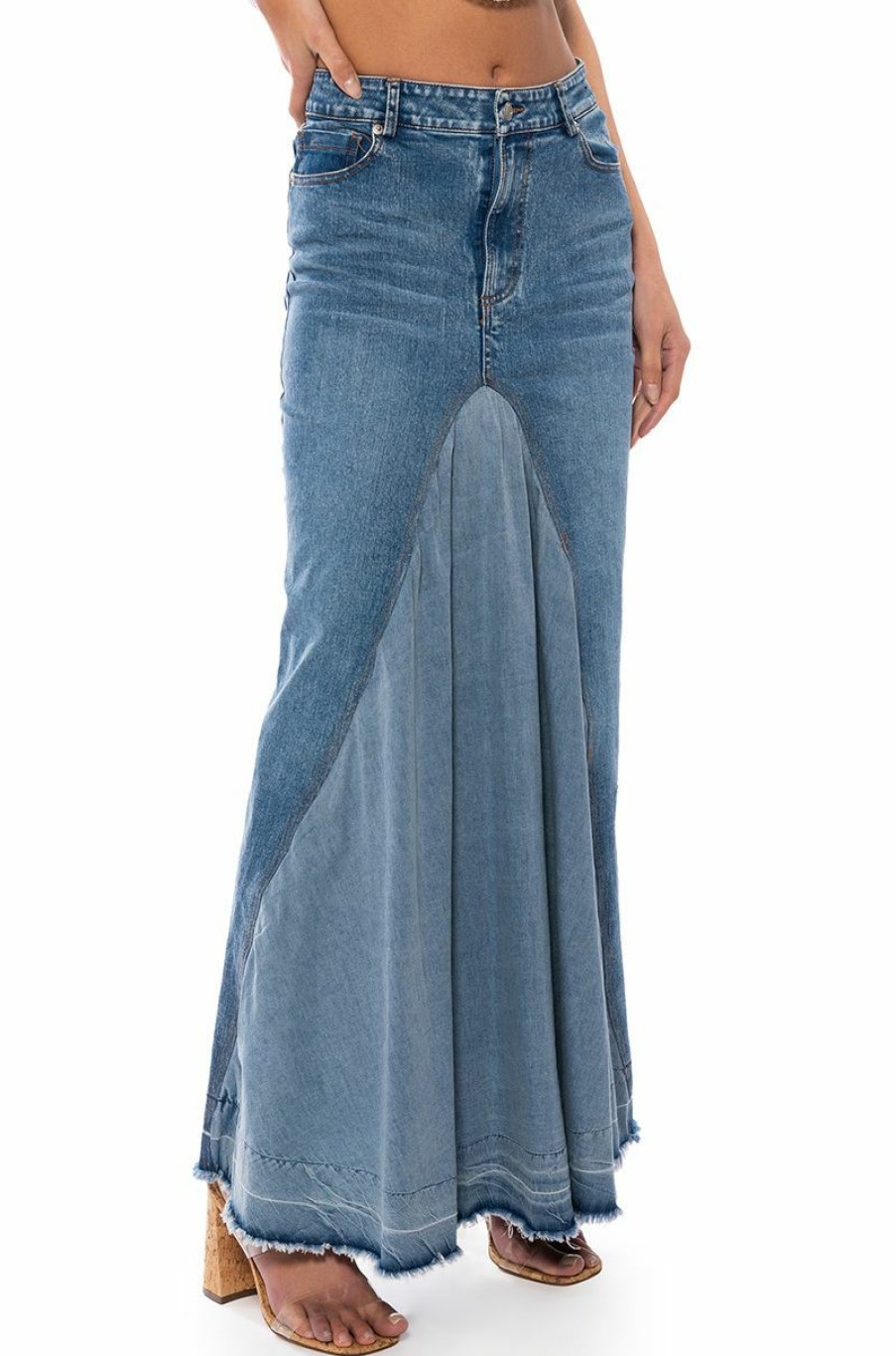 Bottoms * | Added Flare Front Pleat Maxi Skirt Light Blue Denim