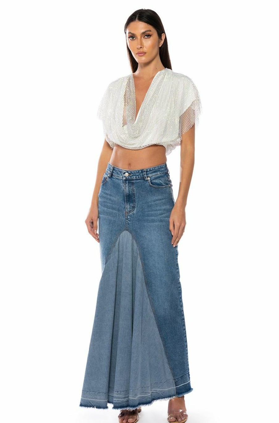 Bottoms * | Added Flare Front Pleat Maxi Skirt Light Blue Denim