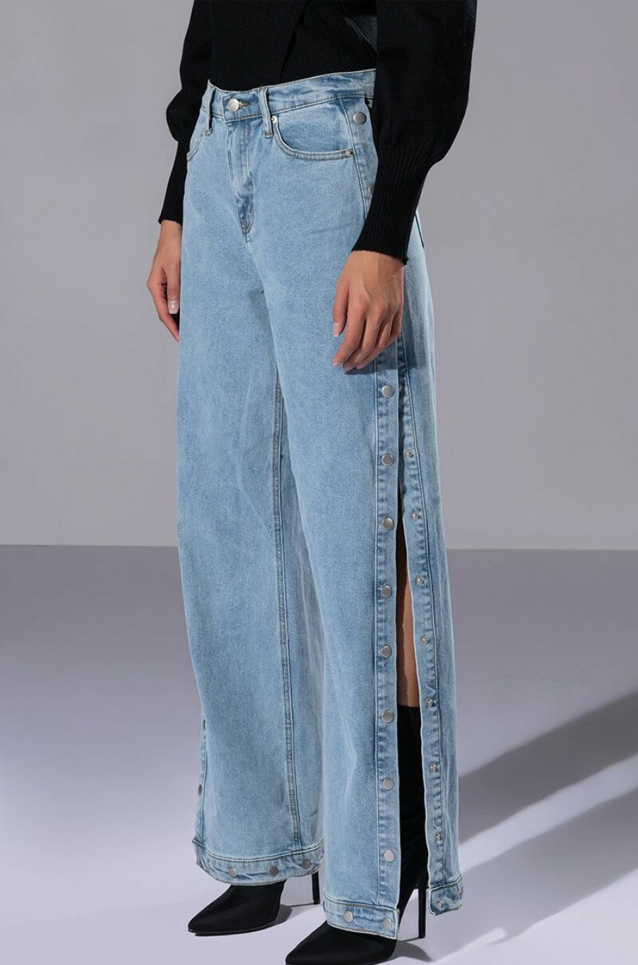 Bottoms * | Blessed Mess Side Snap High Rise Jeans Light Blue Denim