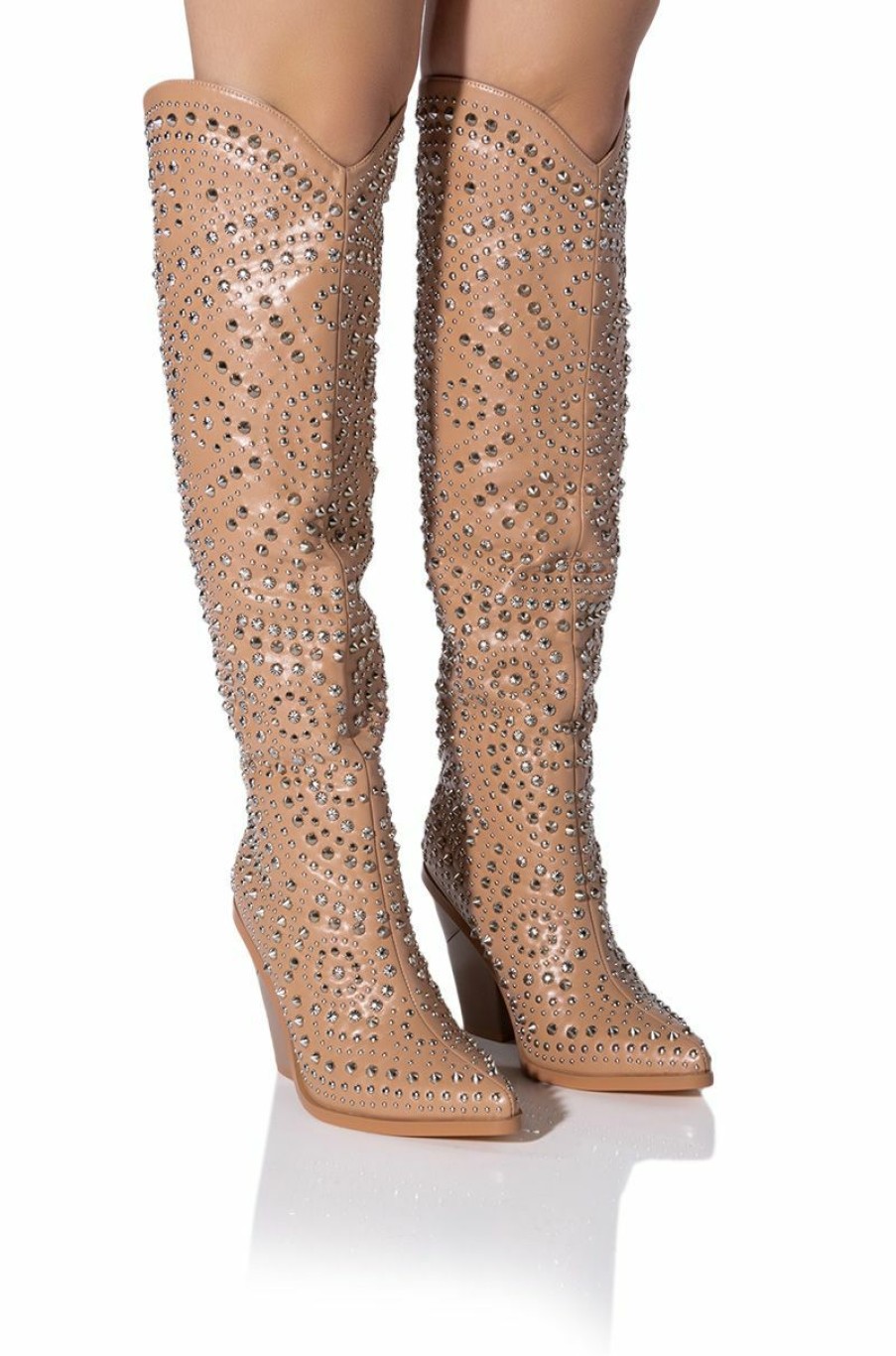 Shoes * | Azalea Wang Texas Embellished Western Boot In Nude Beige