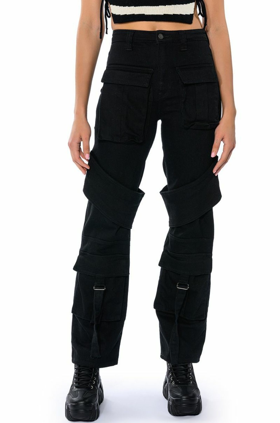 Bottoms * | Too Cool Cargo High Waisted Jeans Black