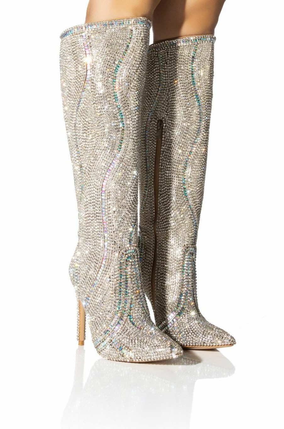 Shoes * | Azalea Wang Classy Rhinestone Encrusted Stiletto Boot In Silver