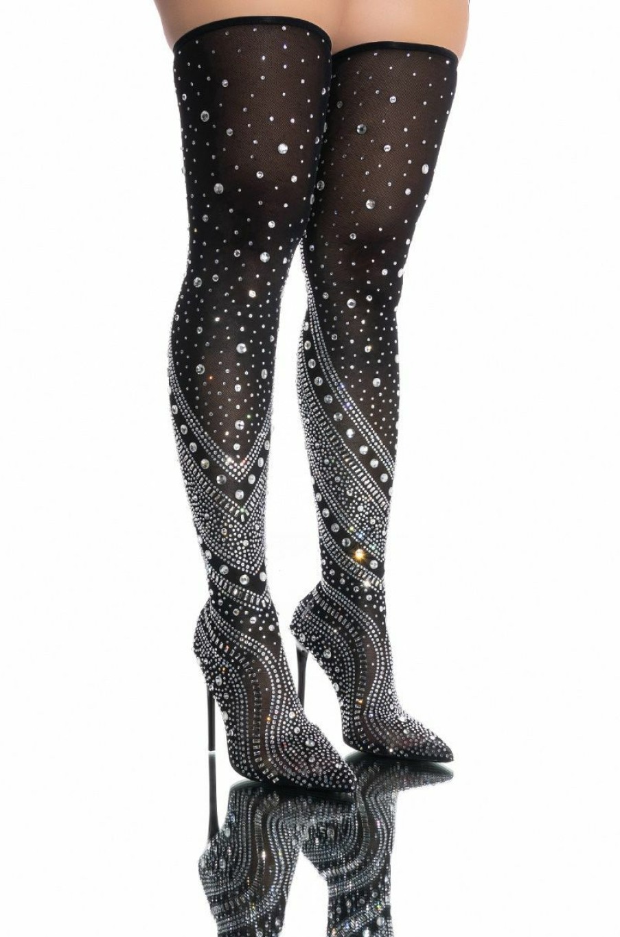 Shoes * | Azalea Wang Roxy Rhinestone Thigh High Stiletto Boot In Black