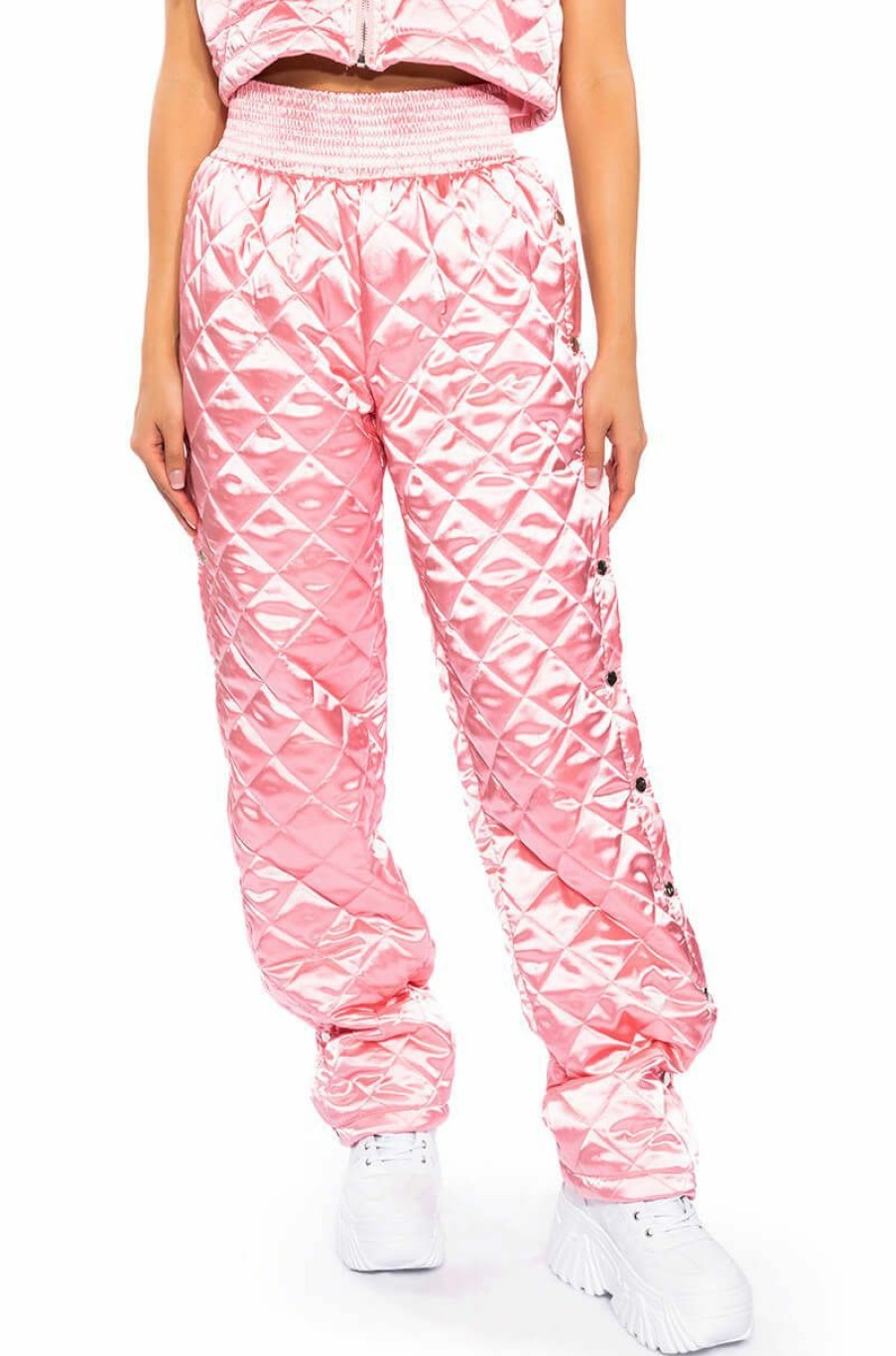 Bottoms * | Cozy Mode Quilted Satin Breakaway Jogger In Pink