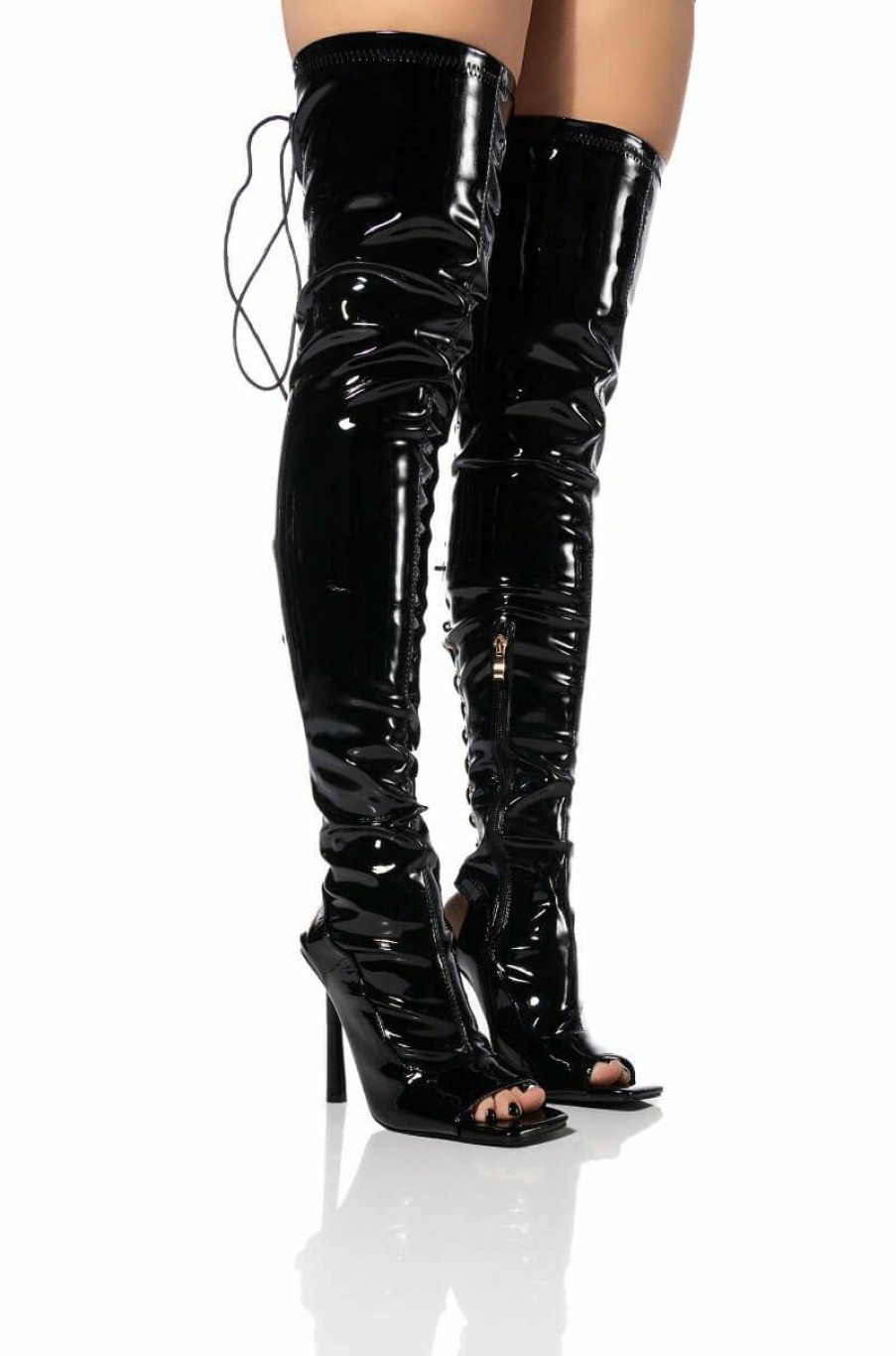 Shoes * | Azalea Wang Yori Sexy Patent Open Toe Boot In Black