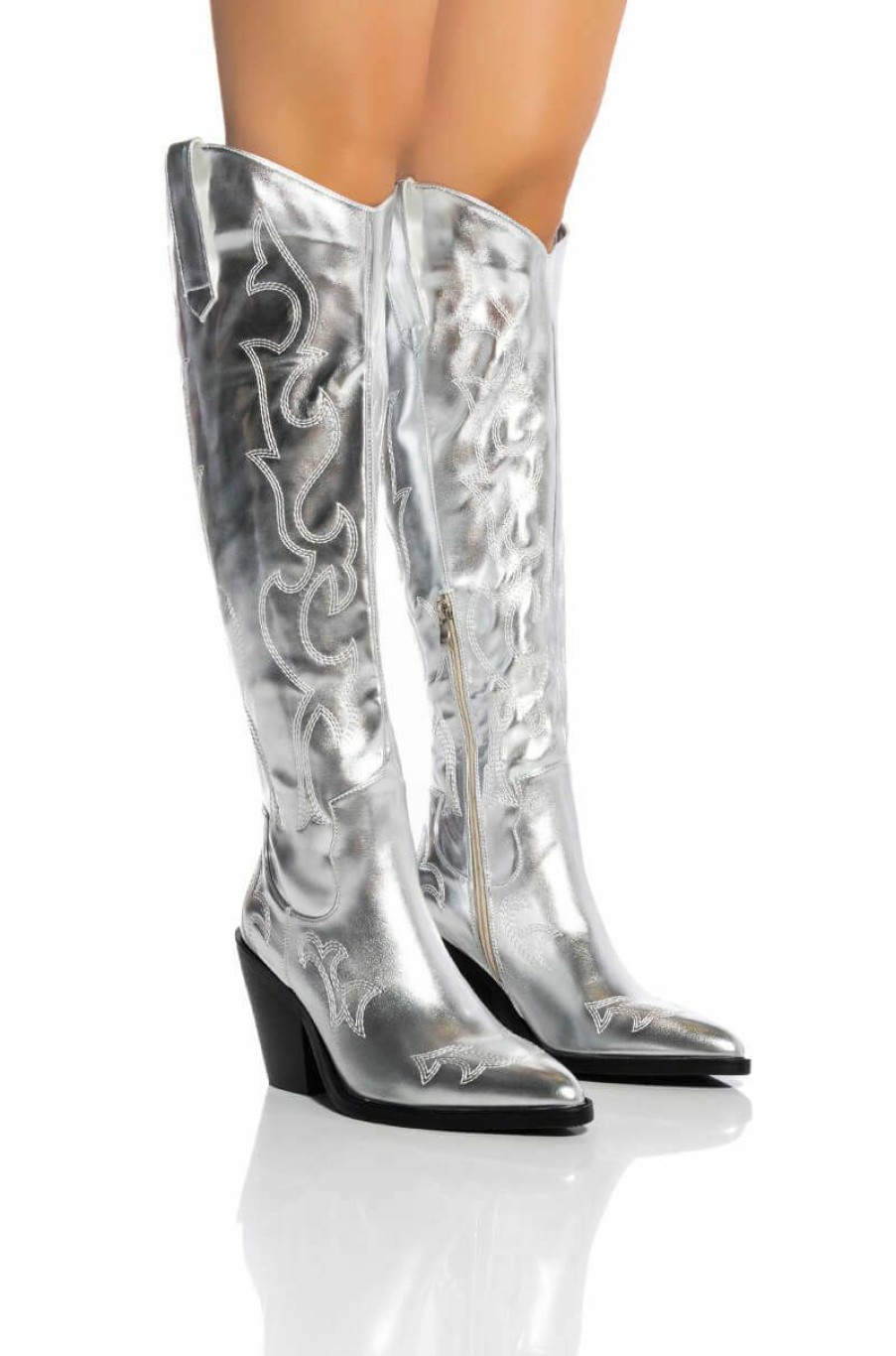 Shoes * | Azalea Wang After Party Metallic Western Boot In Silver