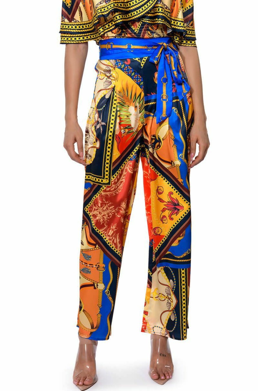 Bottoms * | Ezra Printed Tie Front Palazzo Pant Multi