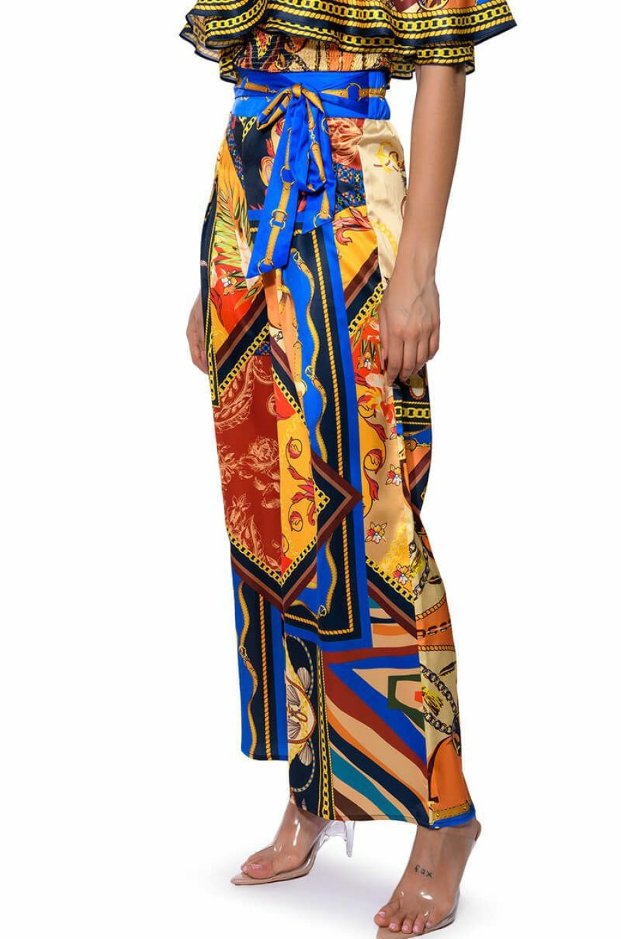 Bottoms * | Ezra Printed Tie Front Palazzo Pant Multi