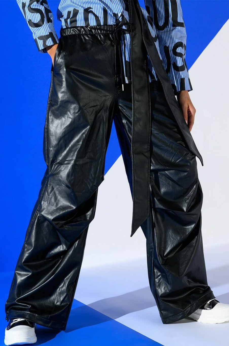 Bottoms * | Colder Hours Faux Leather Parachute Pant Black