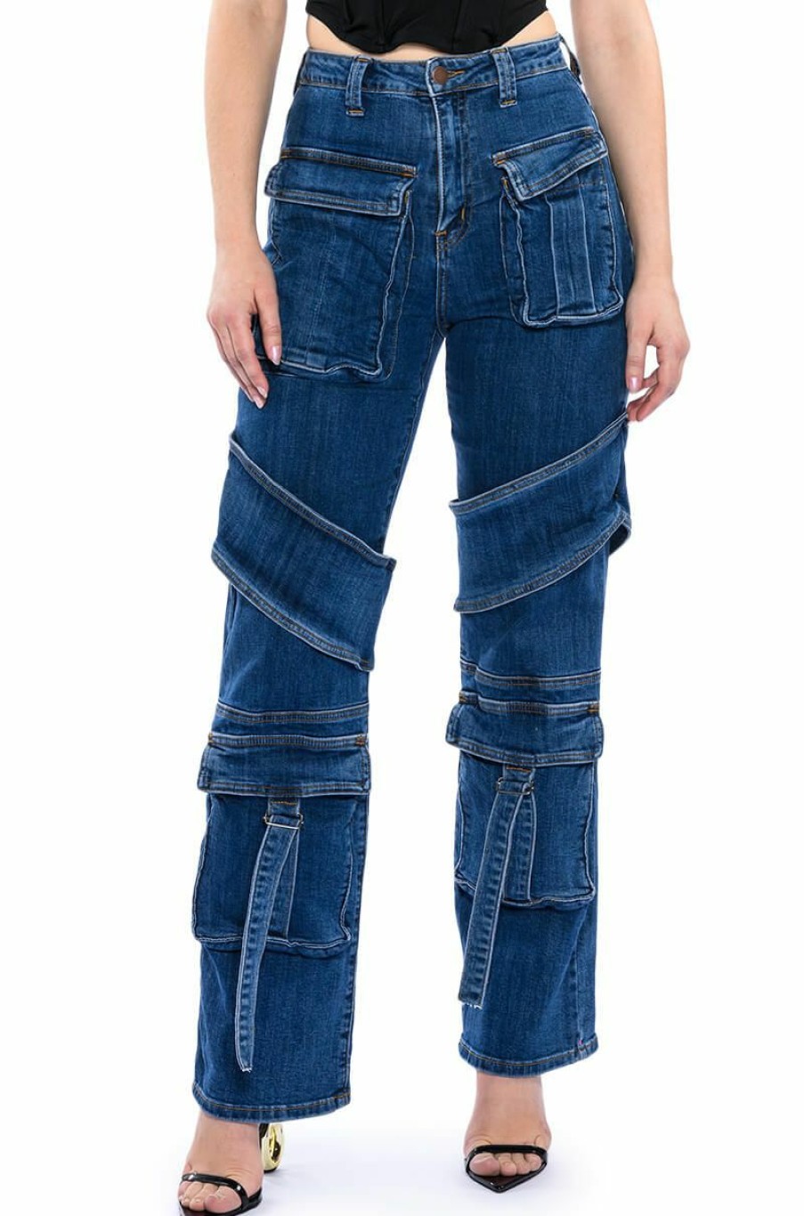 Bottoms * | Too Cool Cargo High Waisted Jeans Medium Blue Denim