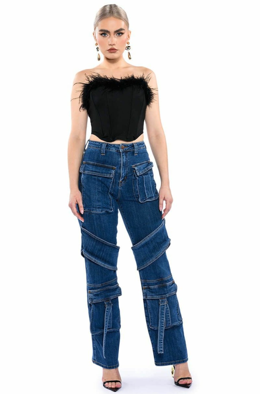 Bottoms * | Too Cool Cargo High Waisted Jeans Medium Blue Denim