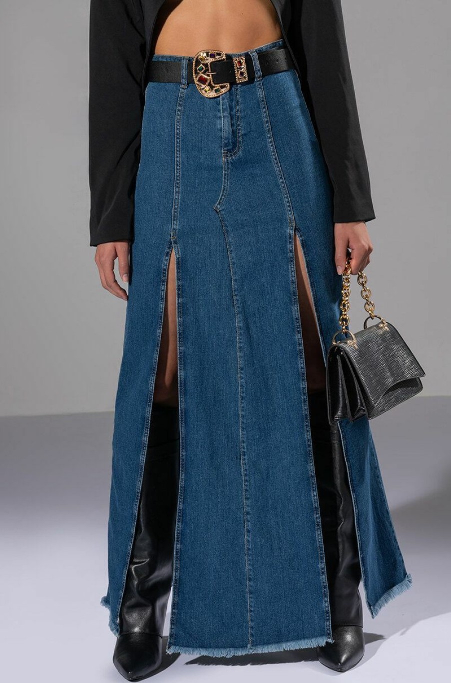 Bottoms * | So Slaying Double Slit Denim Maxi Skirt Medium Blue Denim