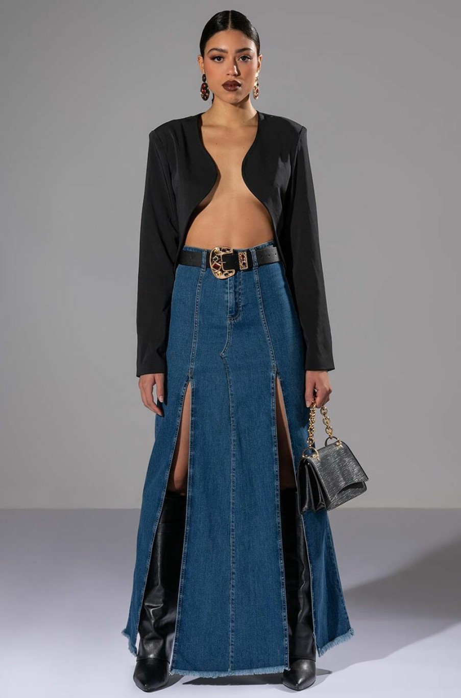 Bottoms * | So Slaying Double Slit Denim Maxi Skirt Medium Blue Denim