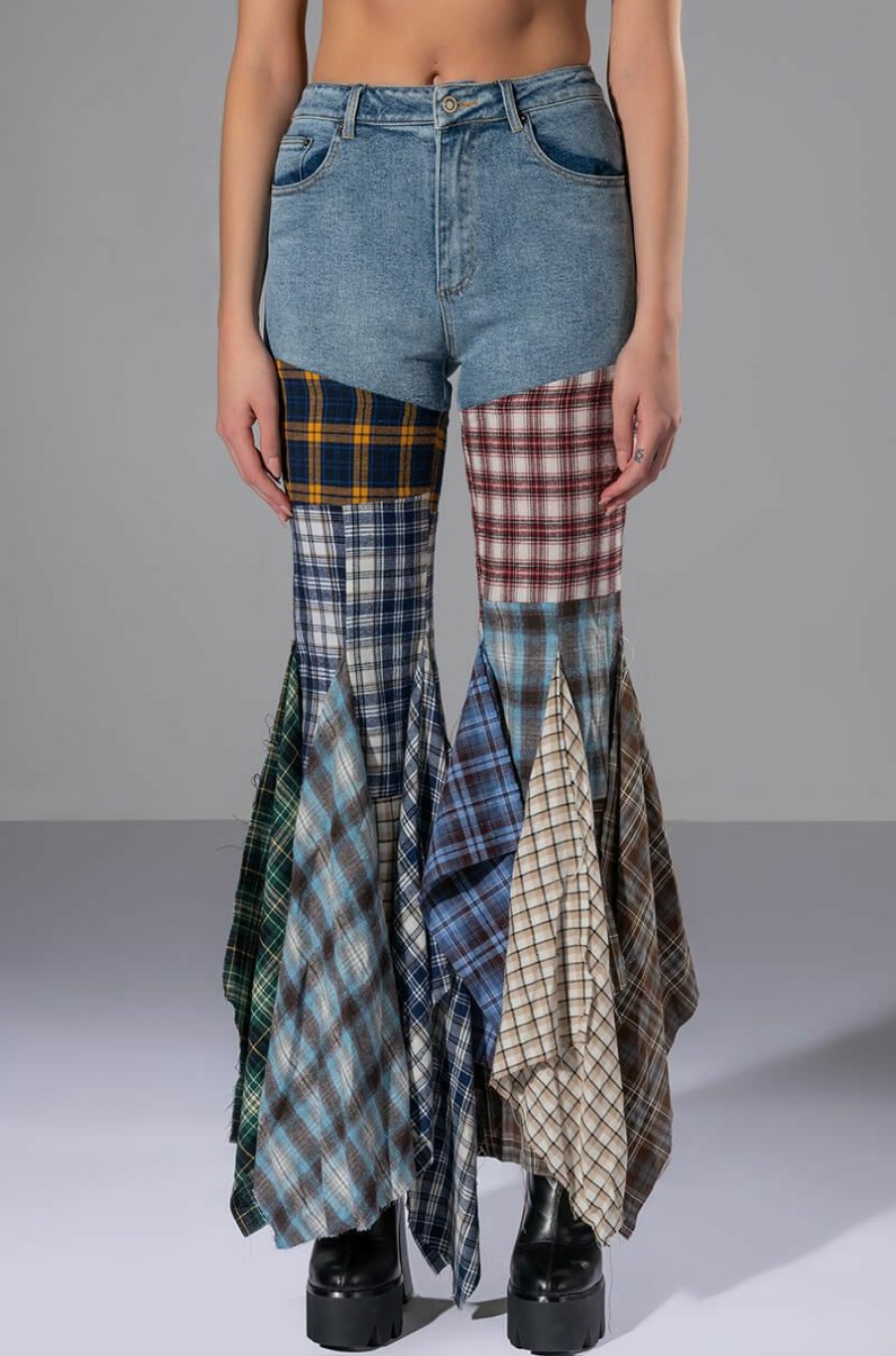 Bottoms * | Alexa Plaid Patchwork Flared Jeans Multi