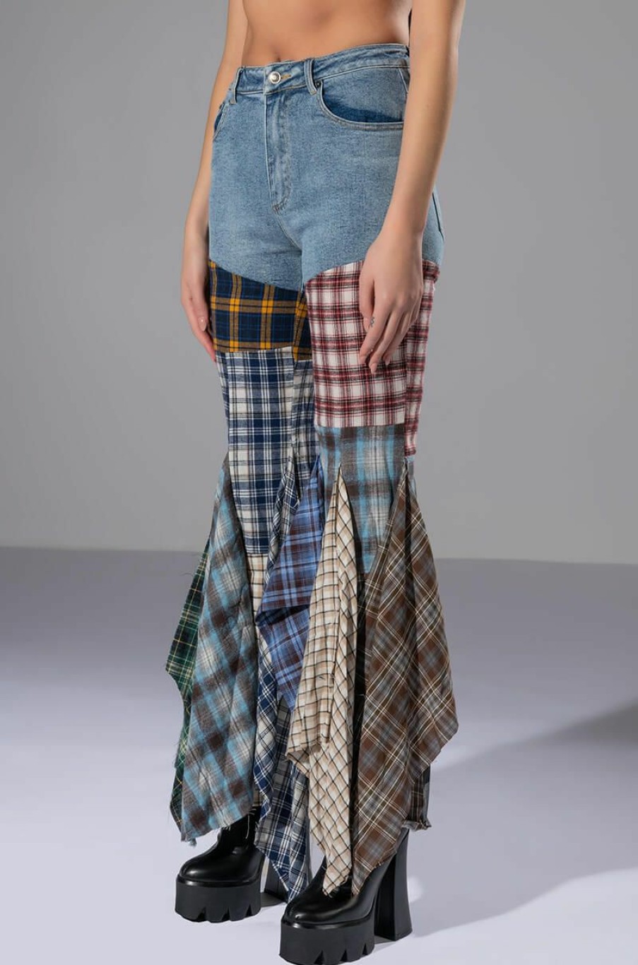 Bottoms * | Alexa Plaid Patchwork Flared Jeans Multi