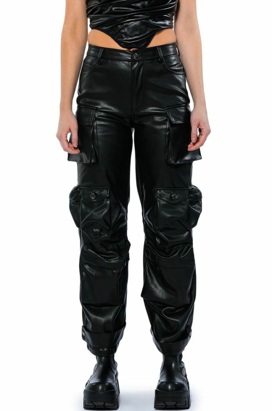 Bottoms * | Bonne Soiree Cargo Faux Leather Pants Black