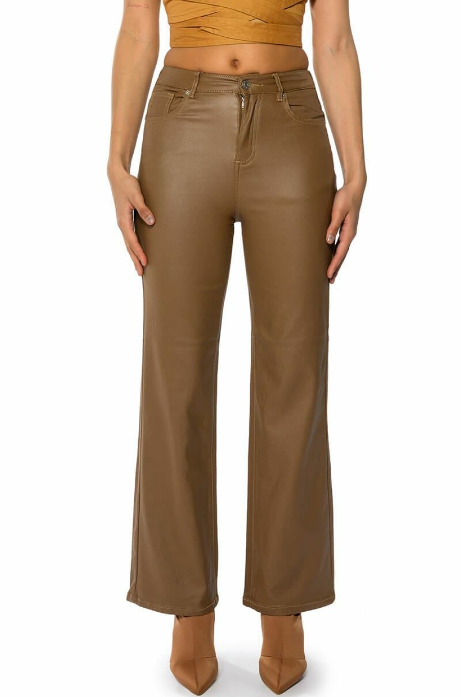 Bottoms * | Off Duty Fleece Lined Leather Look Coated Straight Leg Pant Brown