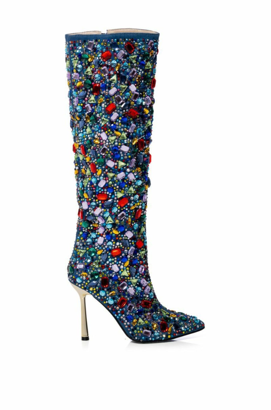 Shoes * | Azalea Wang Ember Rhinestone Denim Stiletto Boot In Multi