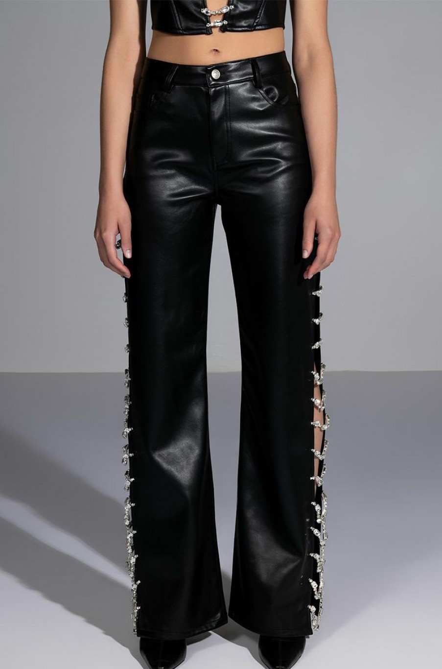 Bottoms * | Covered In Ice Faux Leather Rhinestone Pant Black