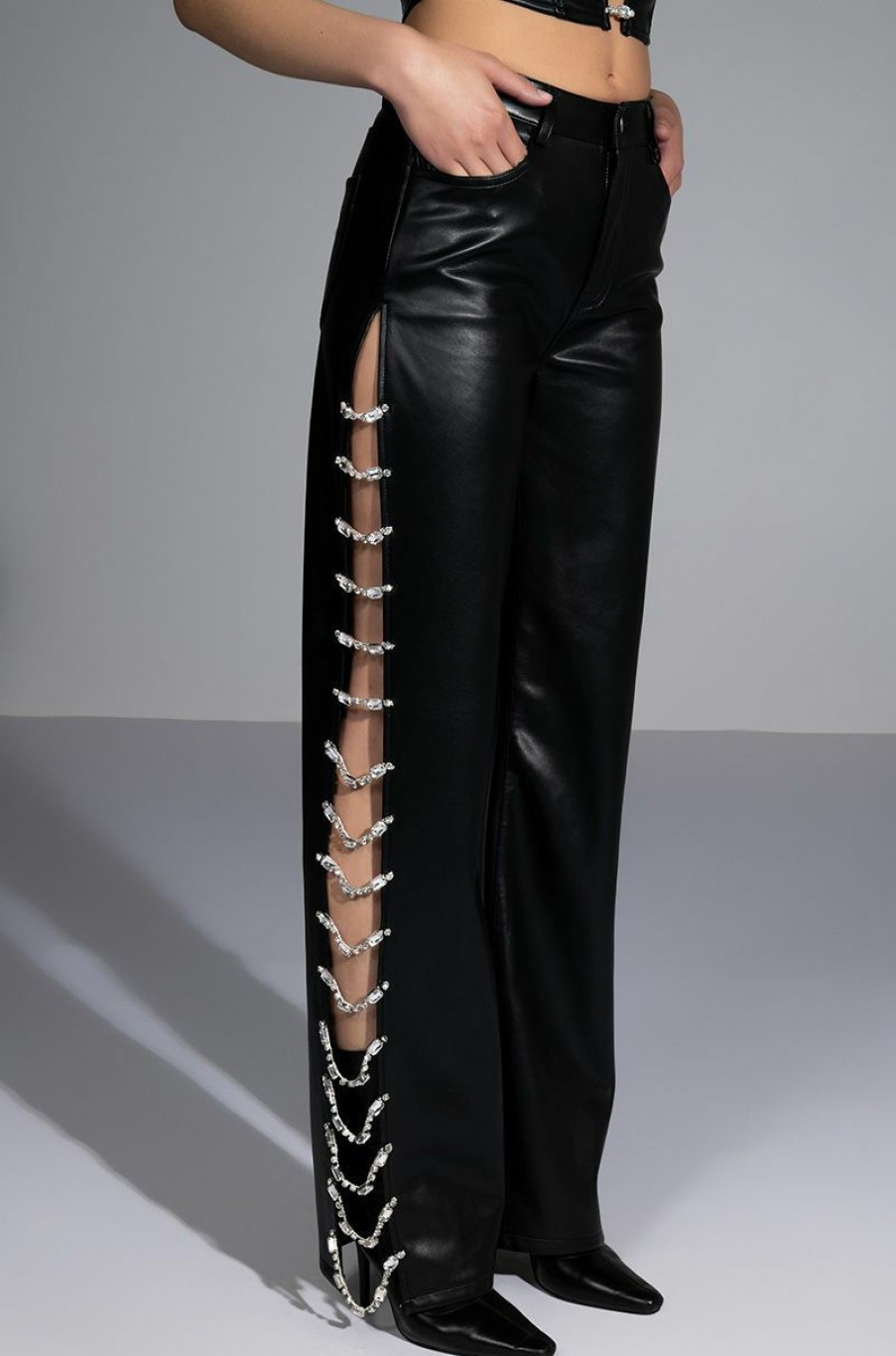 Bottoms * | Covered In Ice Faux Leather Rhinestone Pant Black