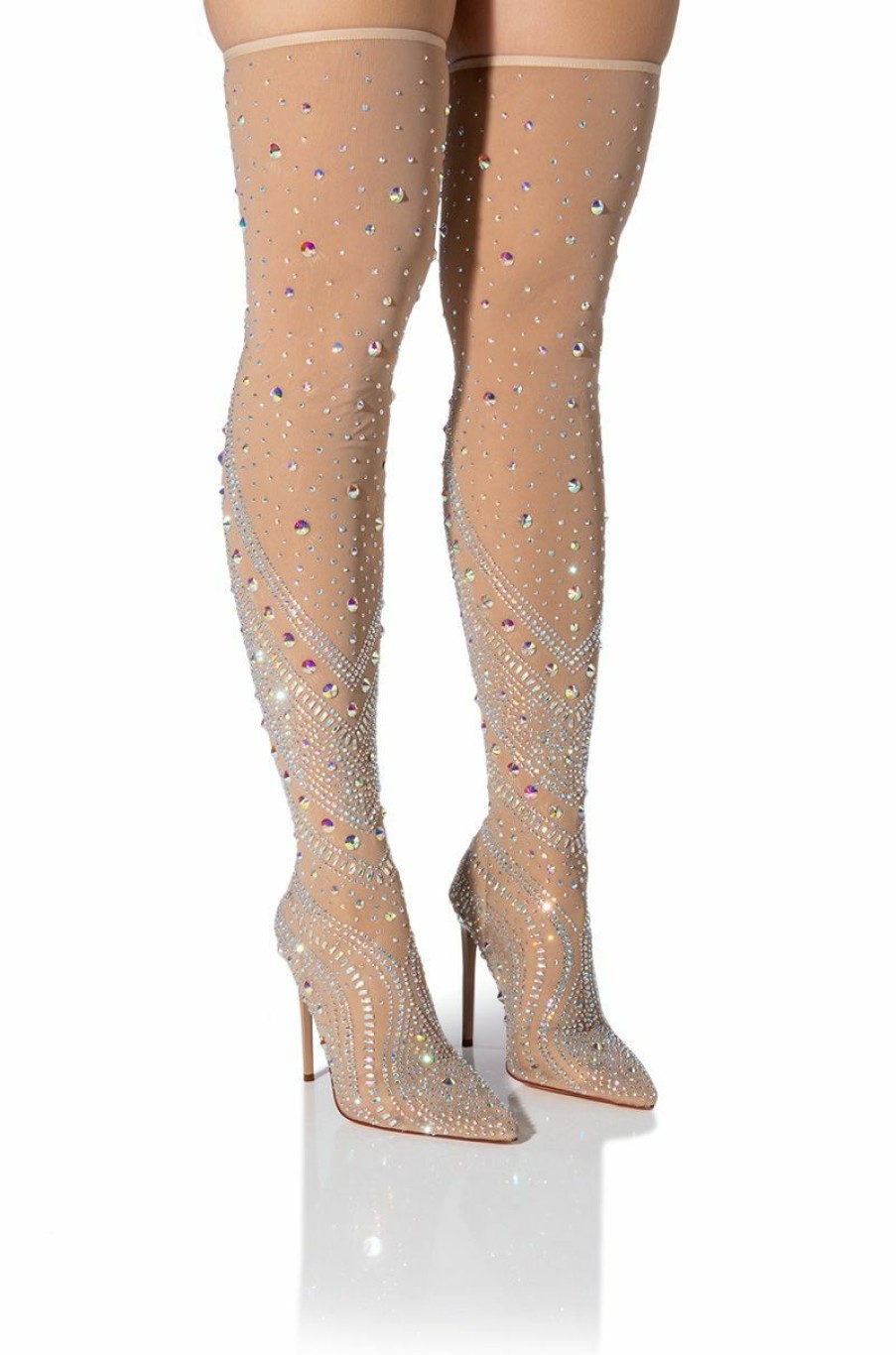 Shoes * | Azalea Wang Roxy Rhinestone Thigh High Stiletto Boot In Nude