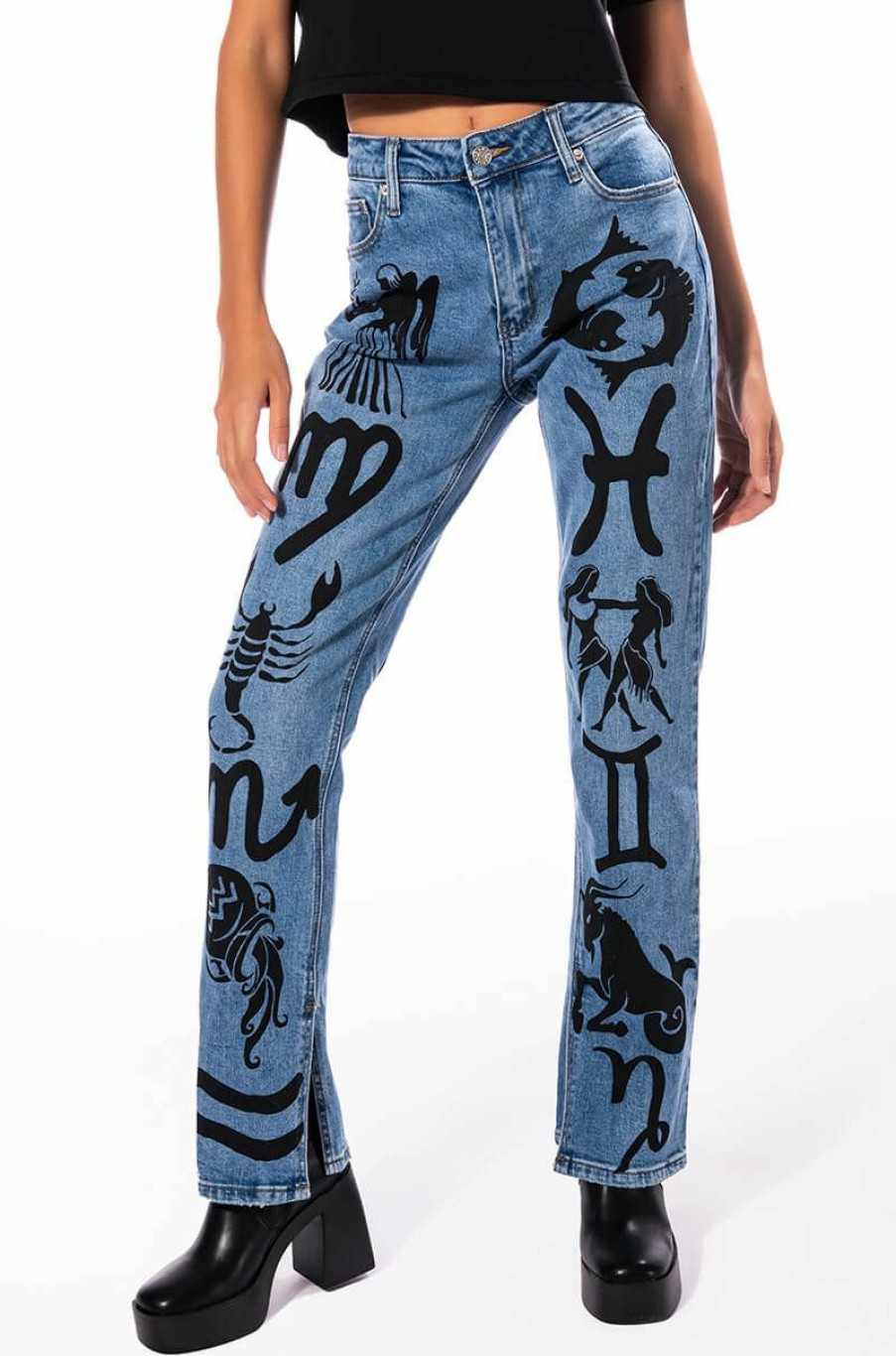 Bottoms * | Astrological Printed High Rise Straight Leg Jean Medium Blue Denim