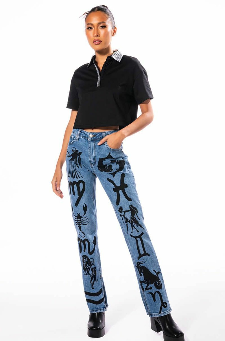 Bottoms * | Astrological Printed High Rise Straight Leg Jean Medium Blue Denim