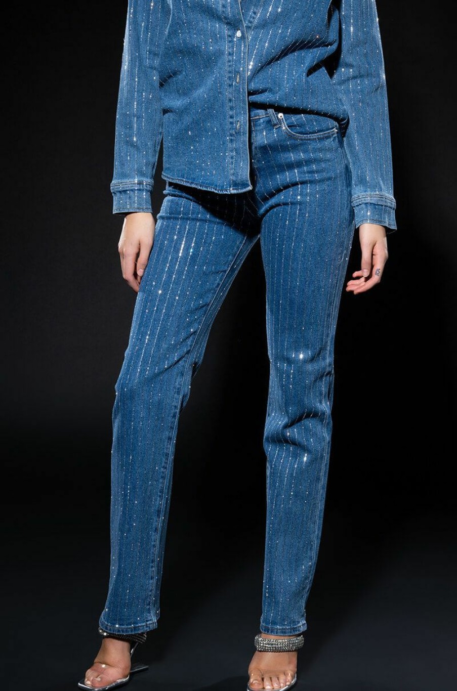 Bottoms * | Effortless Glam Rhinestone Stripe Straight Leg Jean Blue