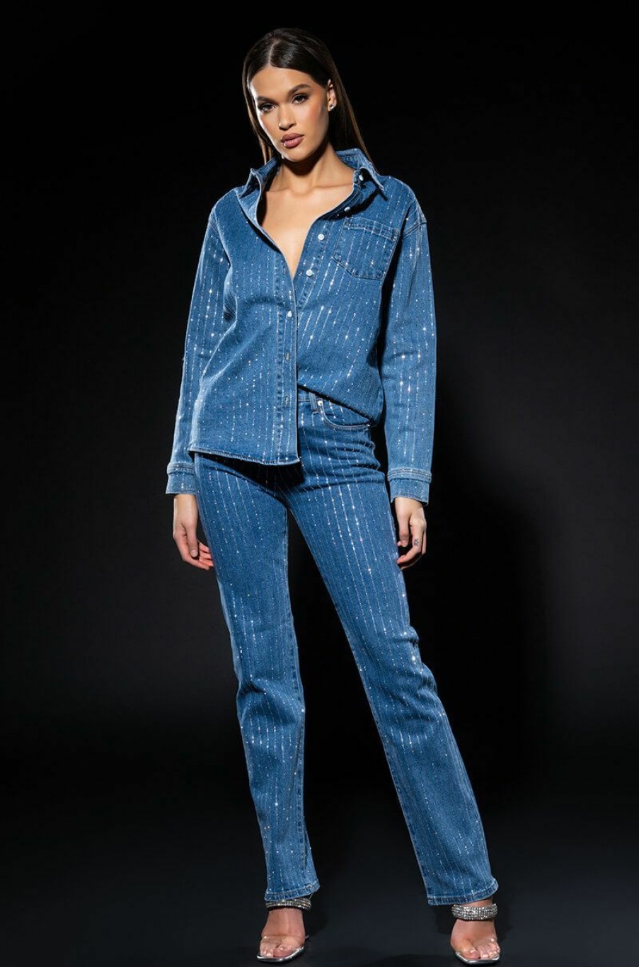 Bottoms * | Effortless Glam Rhinestone Stripe Straight Leg Jean Blue