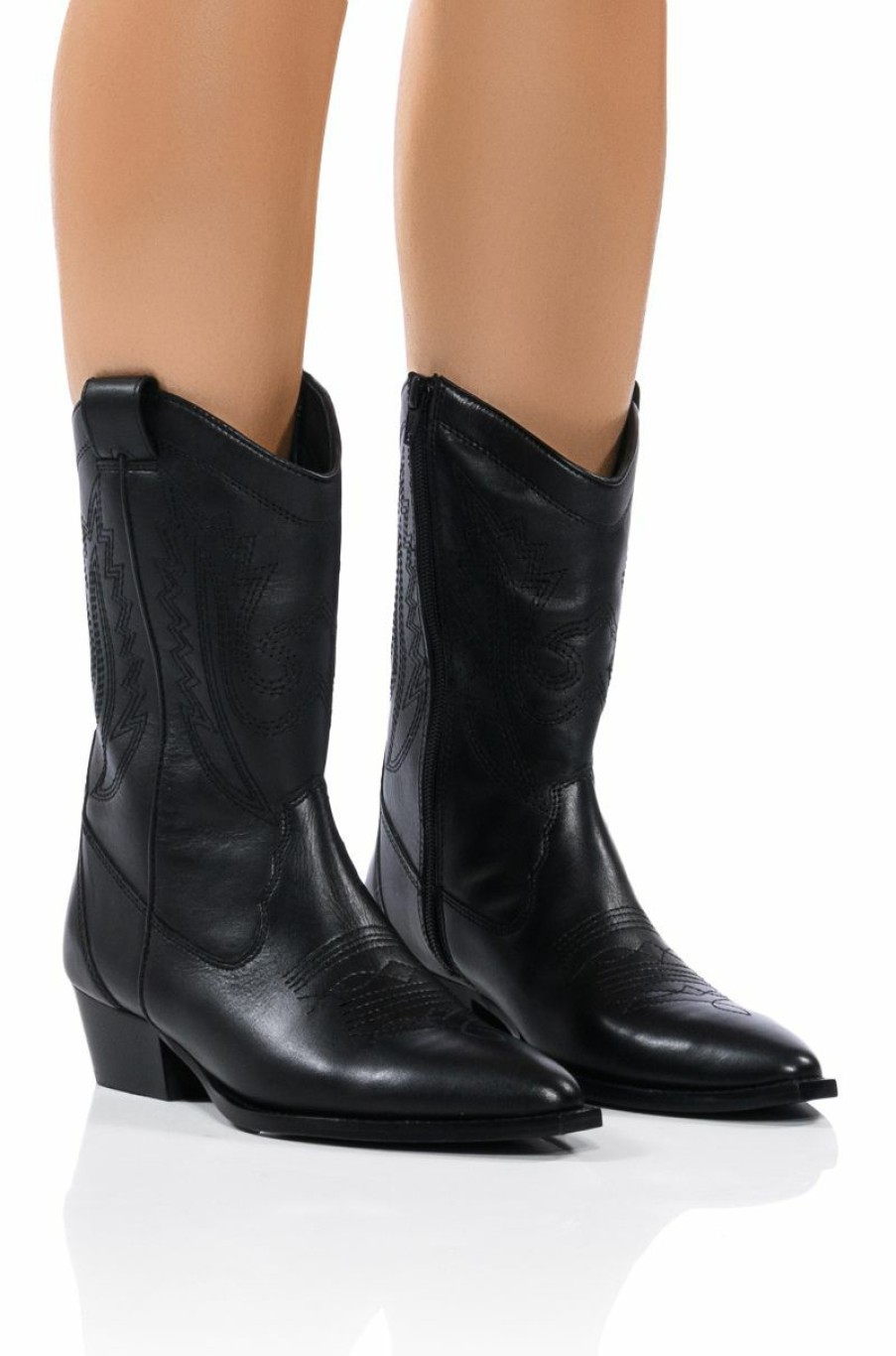 Shoes * | Azalea Wang Genuine Leather Moco Western Boot Black