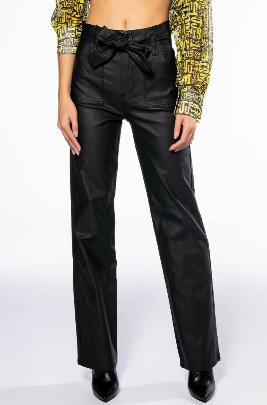 Bottoms * | Le Chic Coated Paperbag Waist Straight Leg Pant Black