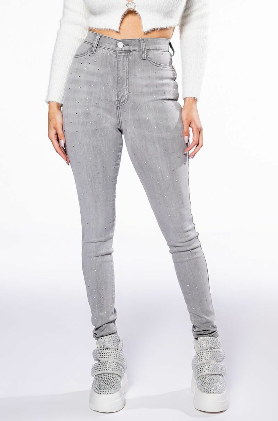 Bottoms * | Extreme Stretch High Waisted Skinny Jeans With Rhinestones Grey