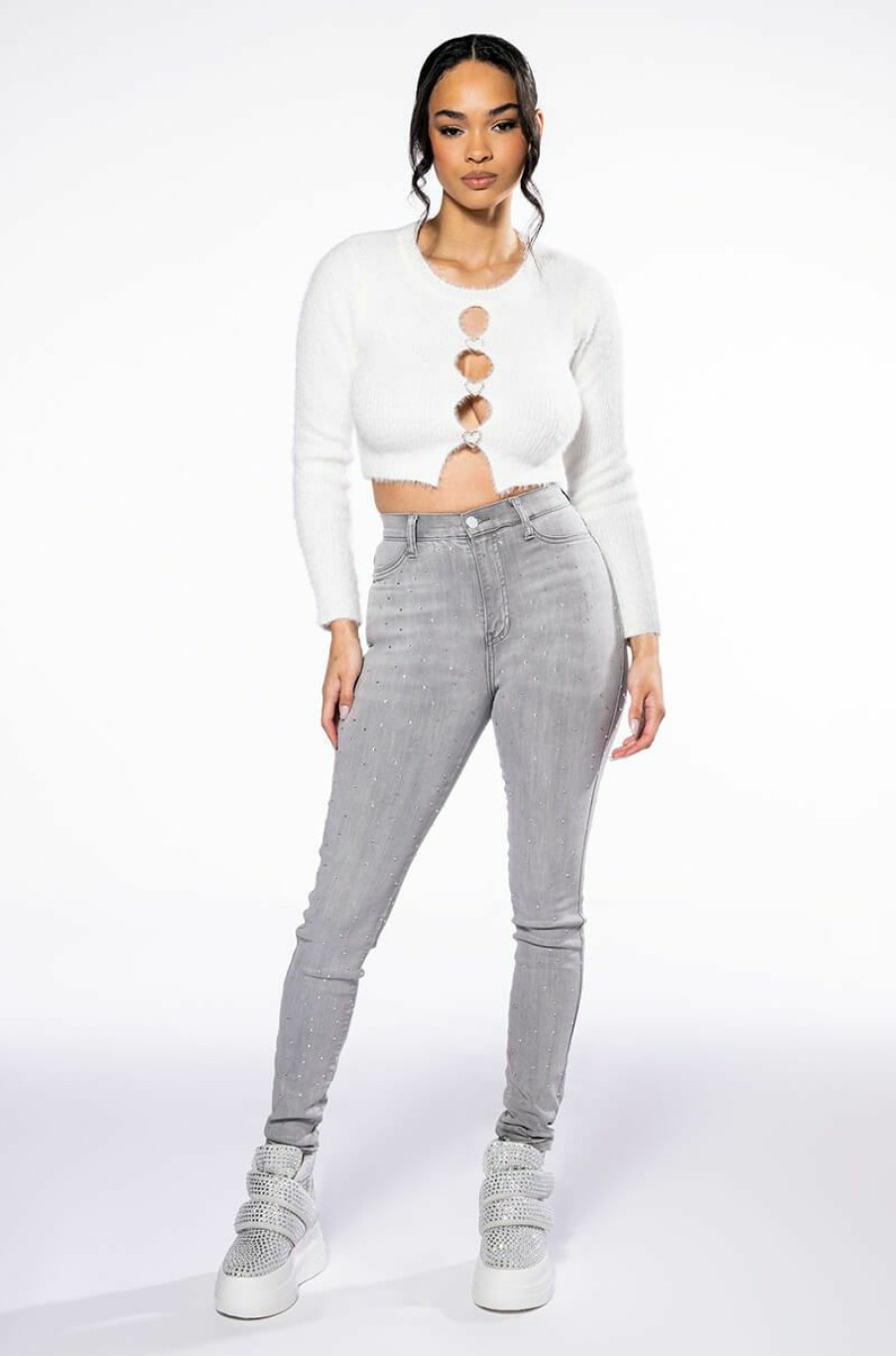 Bottoms * | Extreme Stretch High Waisted Skinny Jeans With Rhinestones Grey