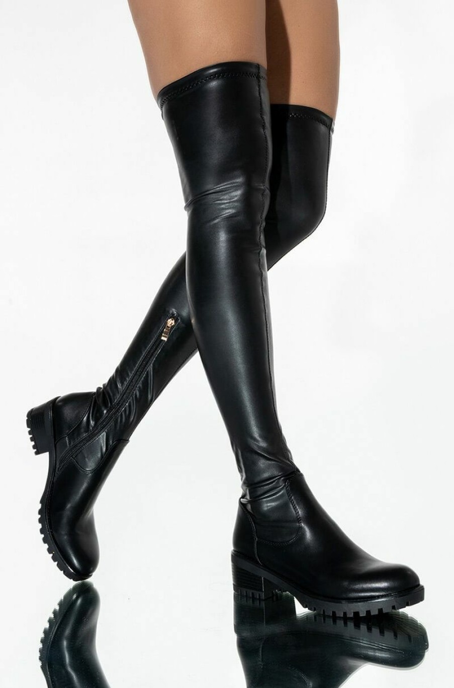 Shoes * | **Slim Fit** Azalea Wang Attention On Me Fitted Over The Knee Flat Boot With 4 Way Stretch Black Pu