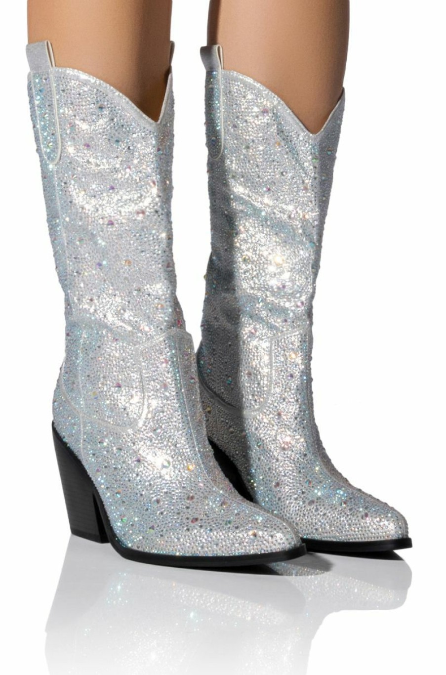 Shoes * | Azalea Wang Boosts Silver Embellished Western Boot White