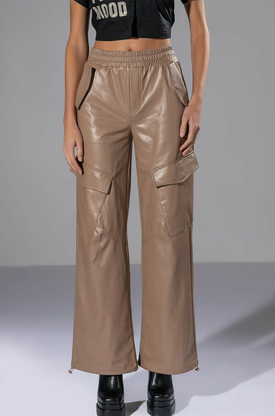 Bottoms * | Always Winning Faux Leather Cargo Pants In Beige