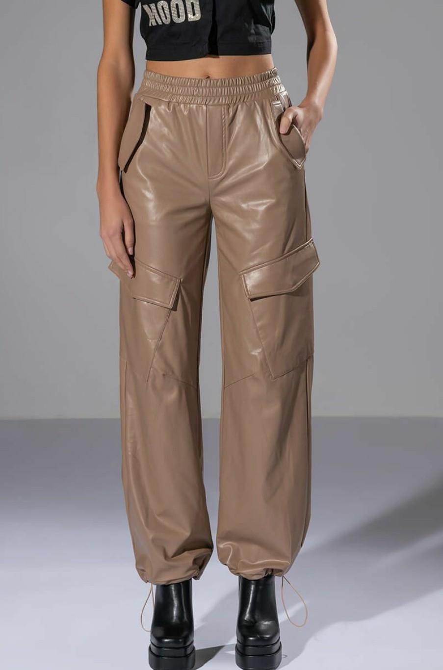 Bottoms * | Always Winning Faux Leather Cargo Pants In Beige