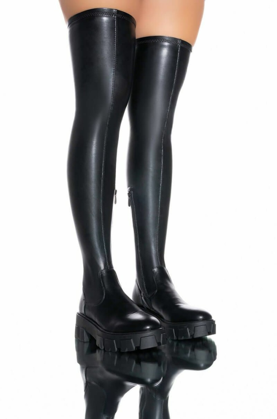 Shoes * | **Slim Fit** Azalea Wang Late Nights Fitted Over The Knee Flatform Boot With 4 Way Stretch Black