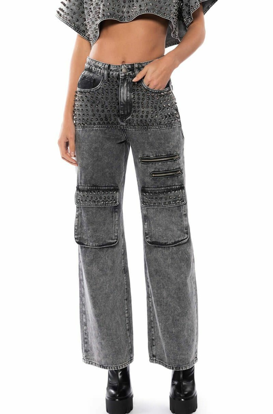 Bottoms * | Turn It Up Stud Embellished Utility Jeans Grey