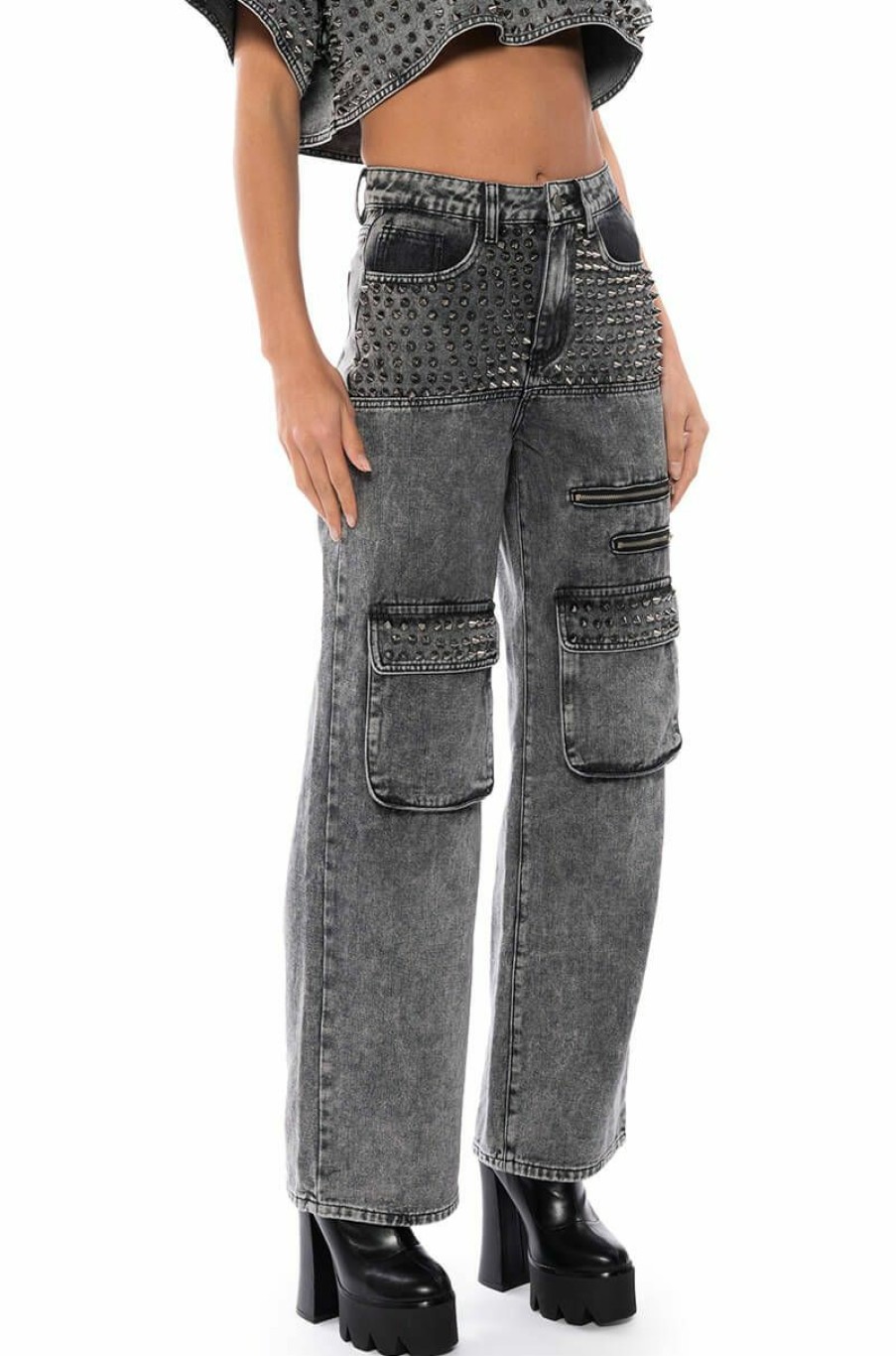 Bottoms * | Turn It Up Stud Embellished Utility Jeans Grey