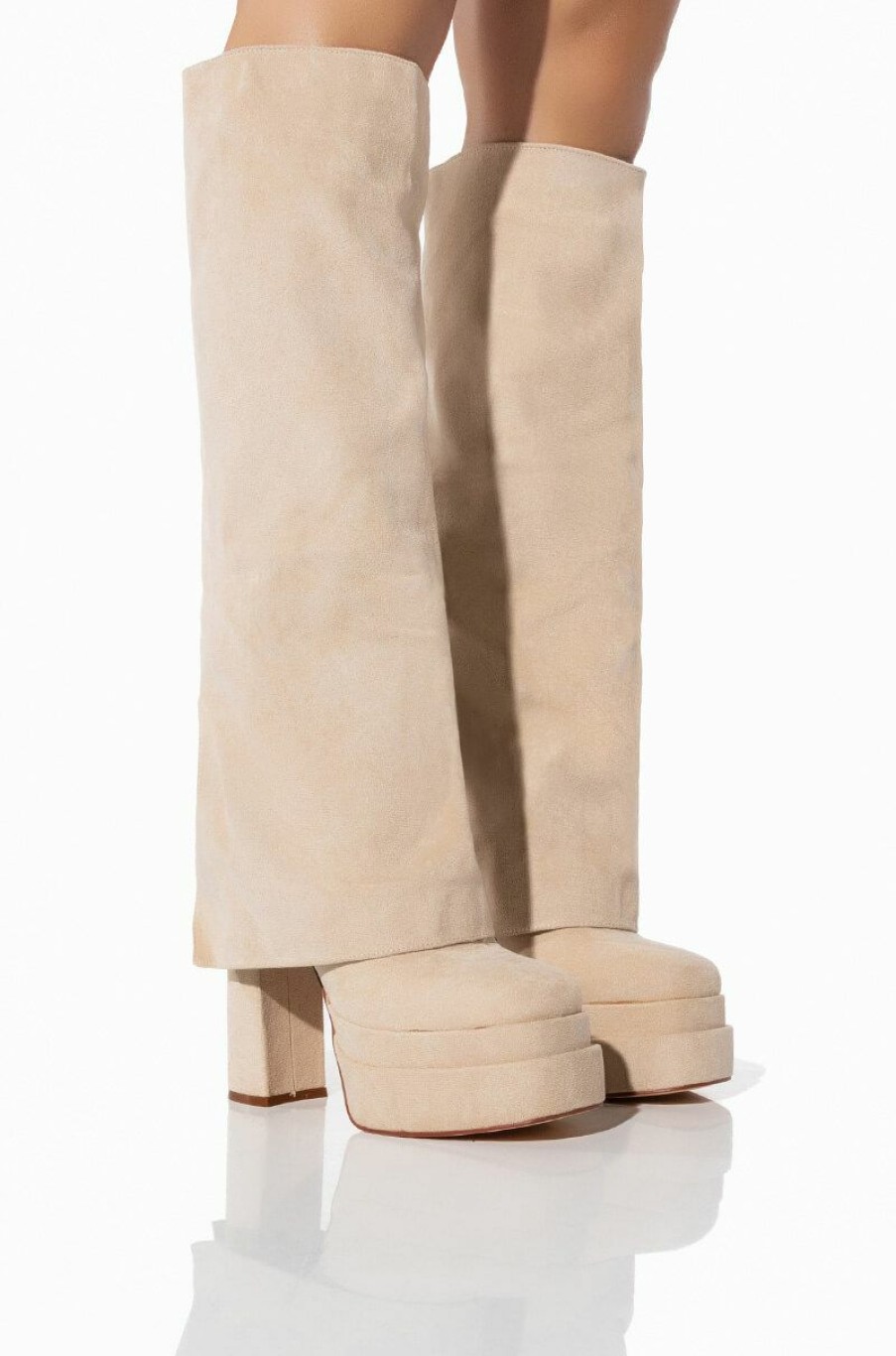 Shoes * | Azalea Wang Invisible Fold Over Chunky Boot In Suede Tan