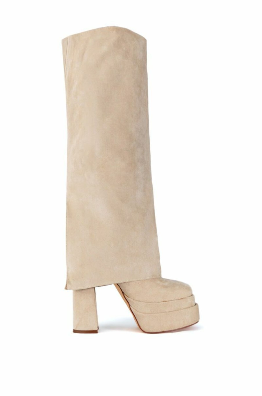 Shoes * | Azalea Wang Invisible Fold Over Chunky Boot In Suede Tan