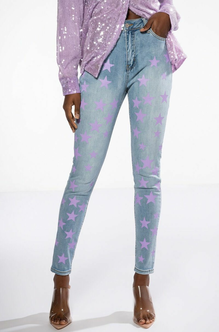 Bottoms * | Starlight Mid Rise Painted Skinny Jean Light Blue Denim