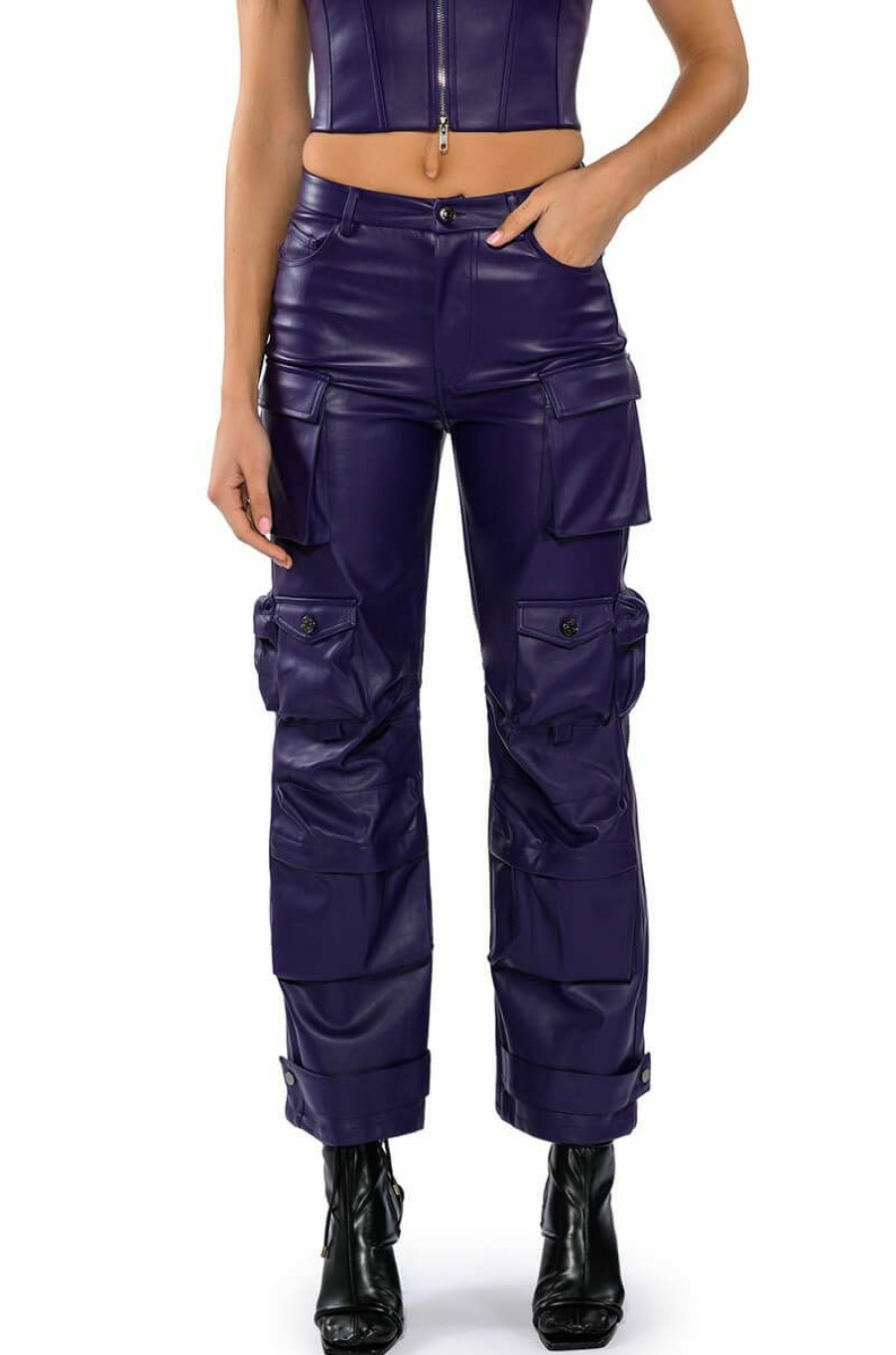 Bottoms * | Bonne Soiree Cargo Faux Leather Pants Purple