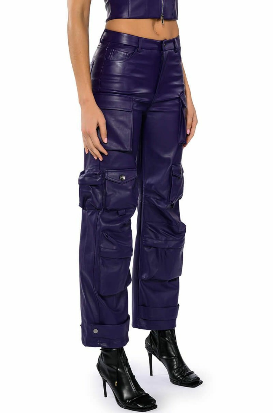 Bottoms * | Bonne Soiree Cargo Faux Leather Pants Purple